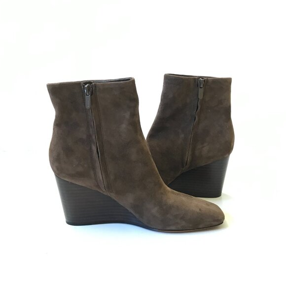 Vince Andy Suede Wedge Ankle Booties Boots Womens 37 7 Brown Square Toe Side Zip - Picture 5 of 9